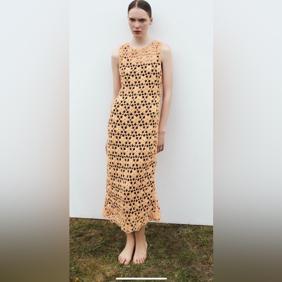 ZARA NEW WOMAN LONG KNIT FLORAL DRESS ORANGE size L - Picture 2 of 8